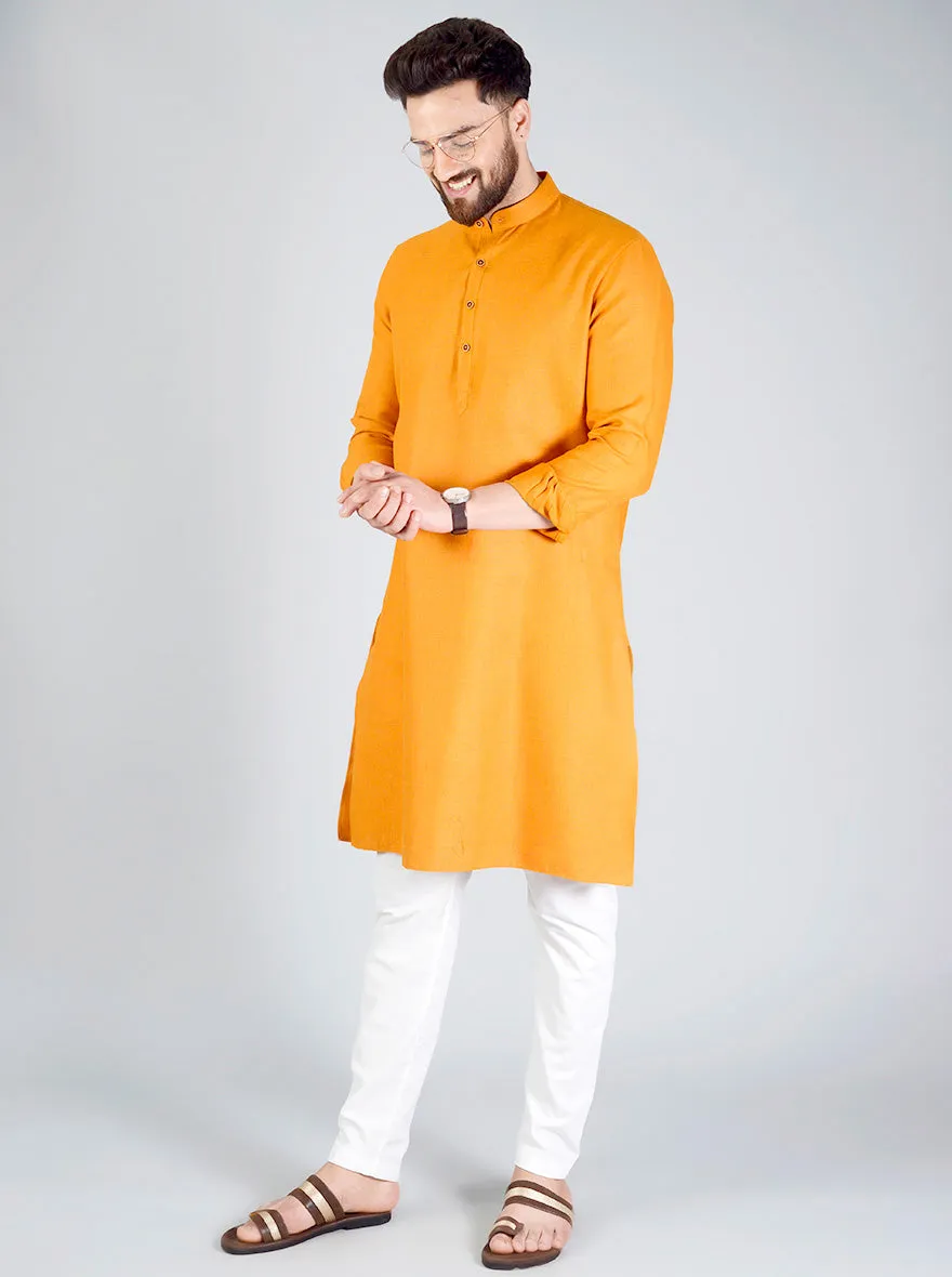 Saffron Orange Self-Textured Regular Fit Modi Kurta - Jadeblue