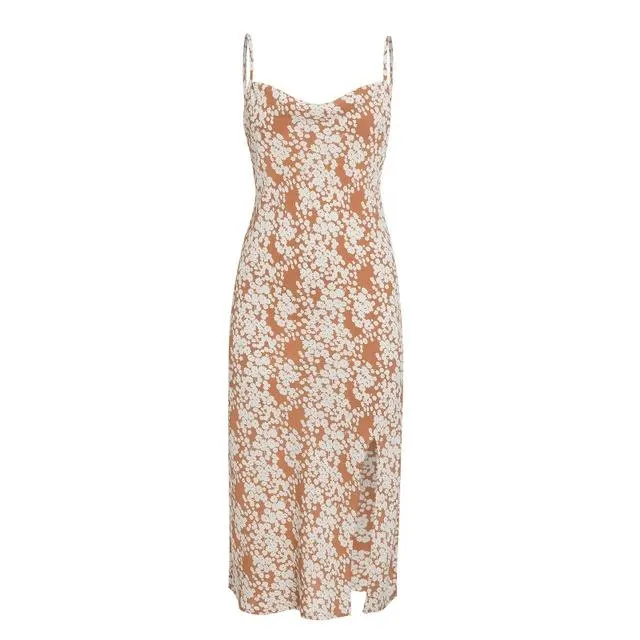 Sexy Spaghetti Strap Elegant V-neck Floral Print High Split Boho Midi Dress