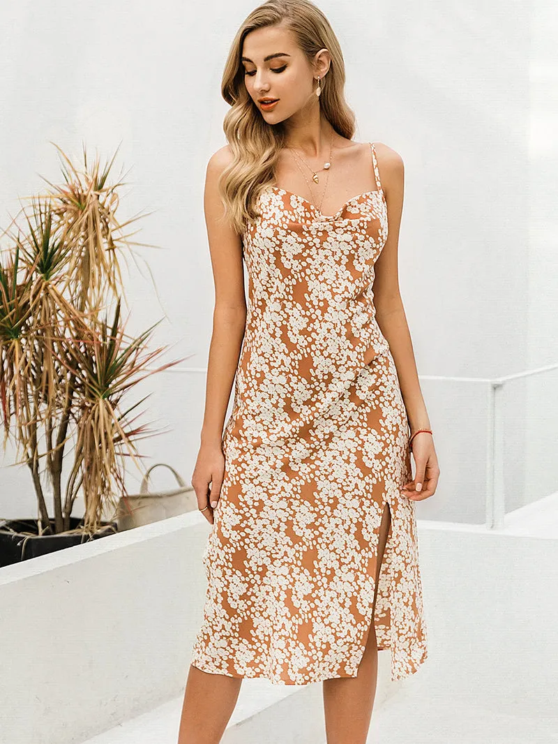Sexy Spaghetti Strap Elegant V-neck Floral Print High Split Boho Midi Dress