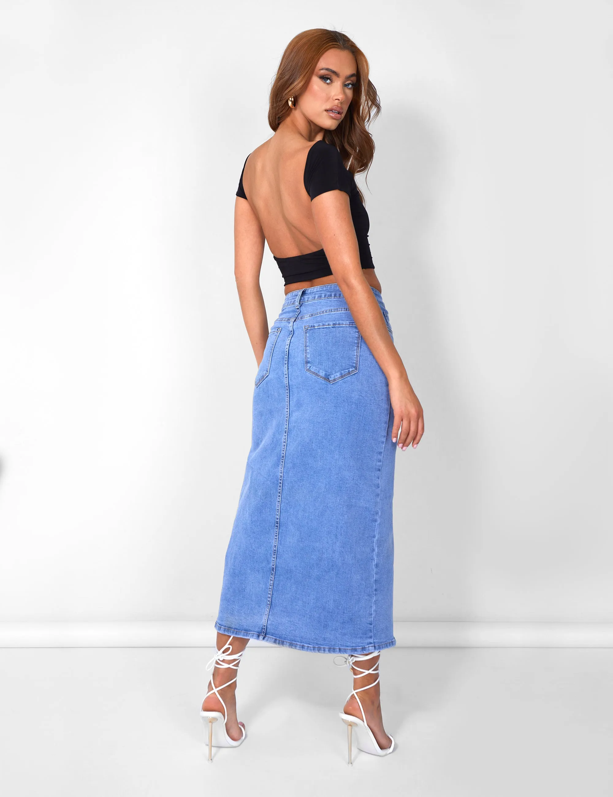 Split Front Longline Denim Skirt Blue Wash