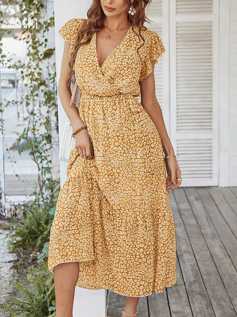 Sweet Floral Print Short Sleeve Bohemia Holiday Dress For Women