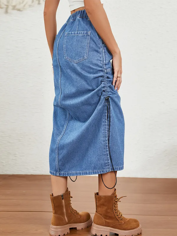 TEEK - Blue Washed Elastic Waist Drawstring Denim Skirt