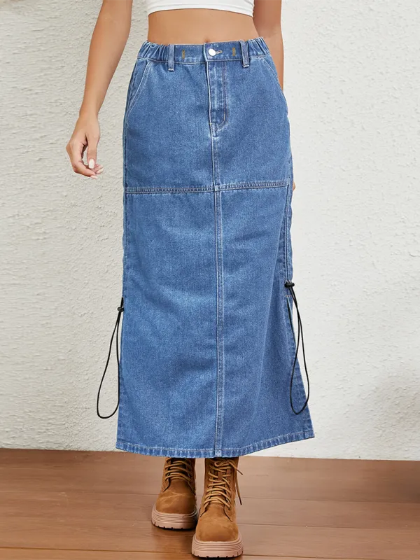 TEEK - Blue Washed Elastic Waist Drawstring Denim Skirt