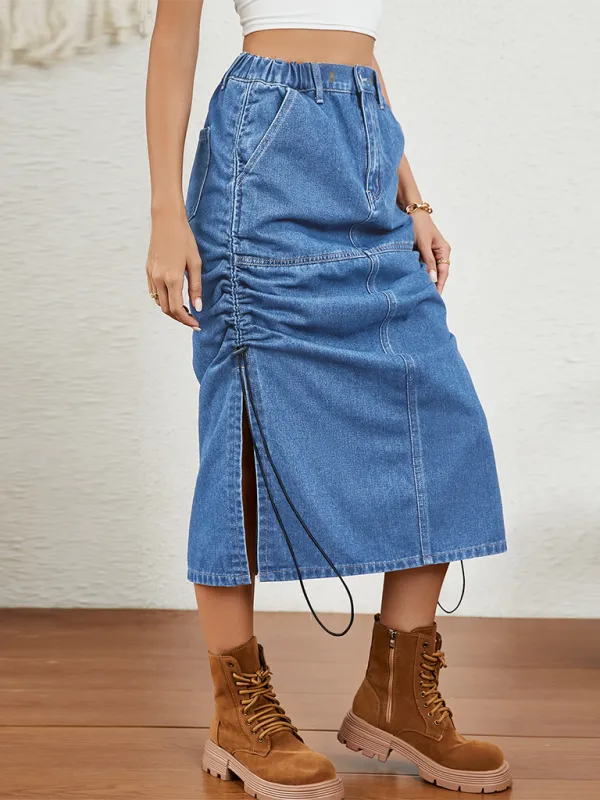 TEEK - Blue Washed Elastic Waist Drawstring Denim Skirt