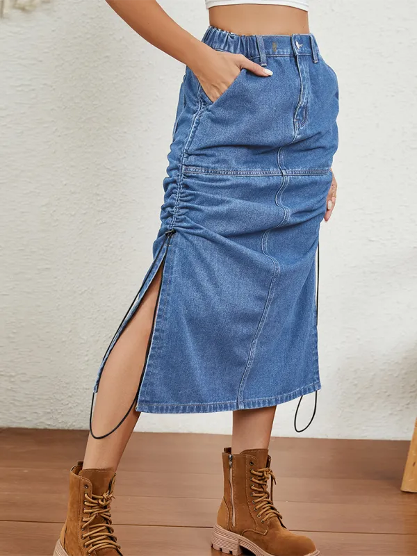 TEEK - Blue Washed Elastic Waist Drawstring Denim Skirt