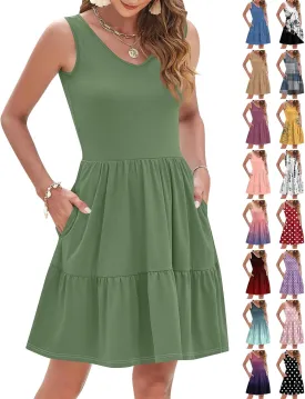Tiered Dress Women Short V Neck Cute Summer Dresses Beach Vacation Mini Tank Dress with Pockets Womens Sundress