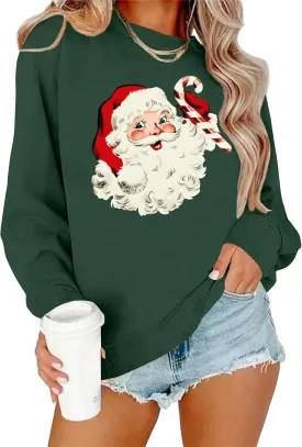 VVNTY Christmas Sweatshirts for Women Retro Santa Claus Graphic Long Sleeve Shirt Xmas Pullover Tops