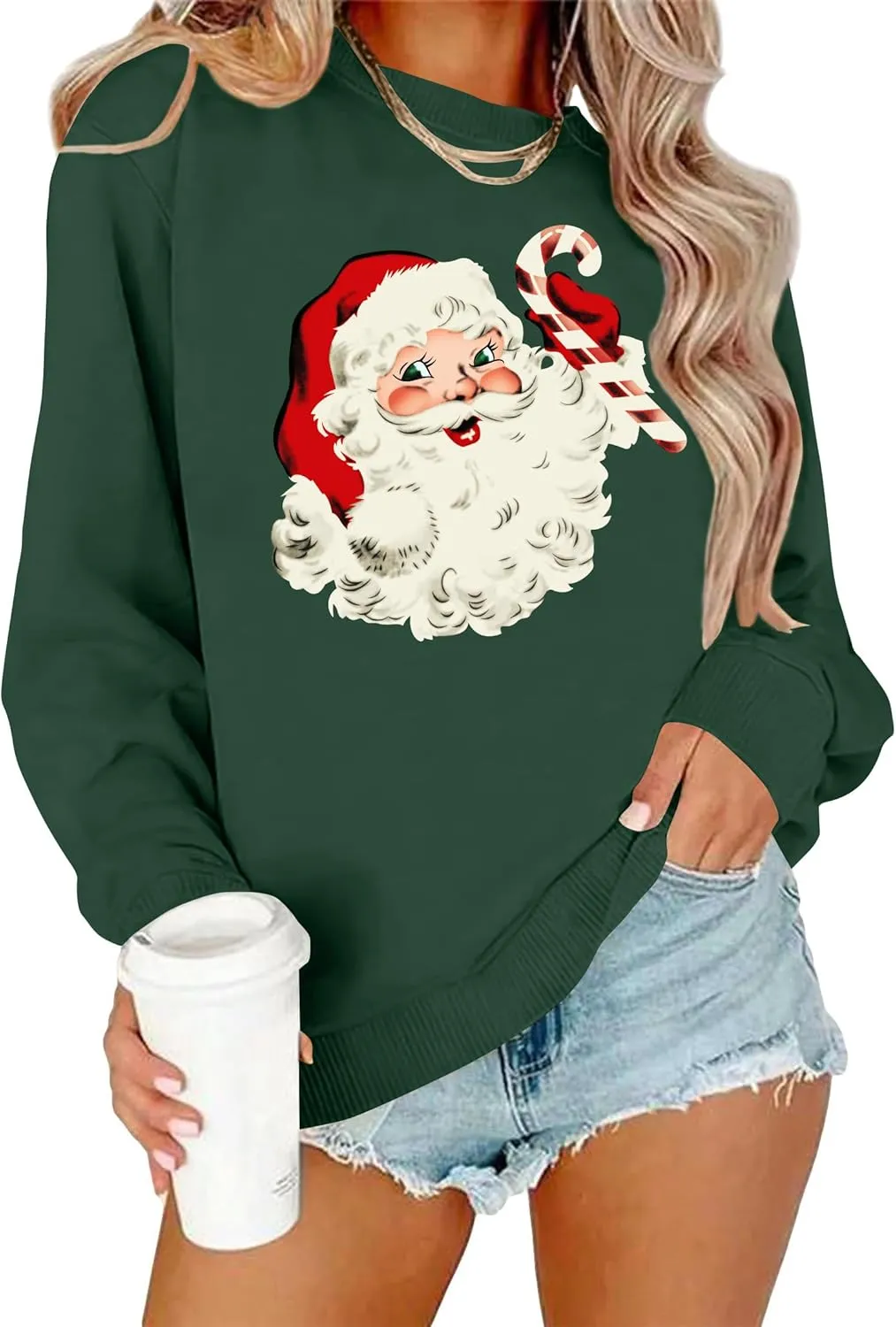 VVNTY Christmas Sweatshirts for Women Retro Santa Claus Graphic Long Sleeve Shirt Xmas Pullover Tops