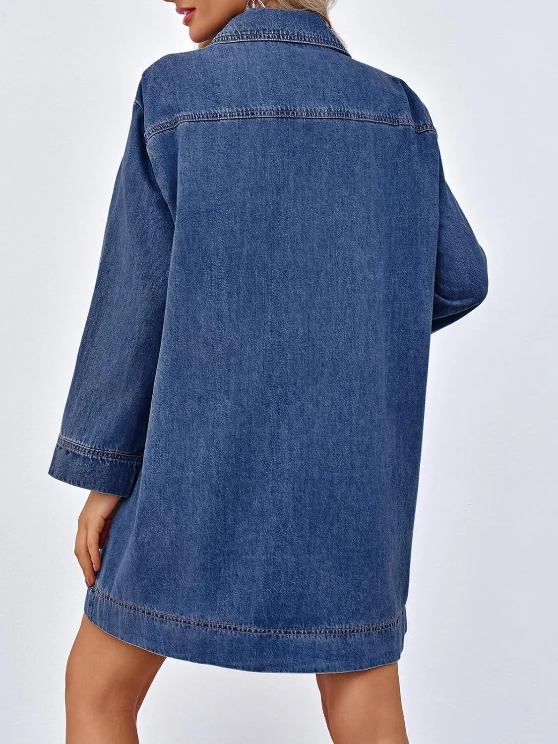 Wenrine Womens Denim Shirt Dress Long Sleeve V Neck Loose Casual Jean Mini Dress with Pockets