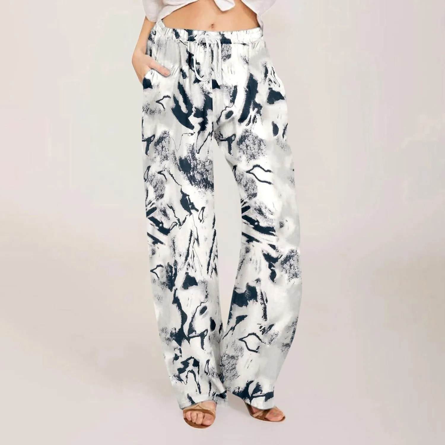 Wide Leg Linen Pants for Women Summer Boho Floral Print High Waisted Palazzo Pants Lounge Beach Trousers with Pockets