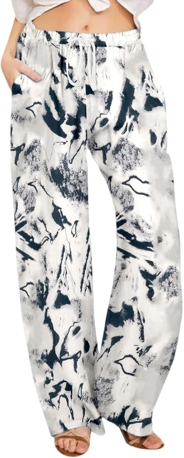 Wide Leg Linen Pants for Women Summer Boho Floral Print High Waisted Palazzo Pants Lounge Beach Trousers with Pockets