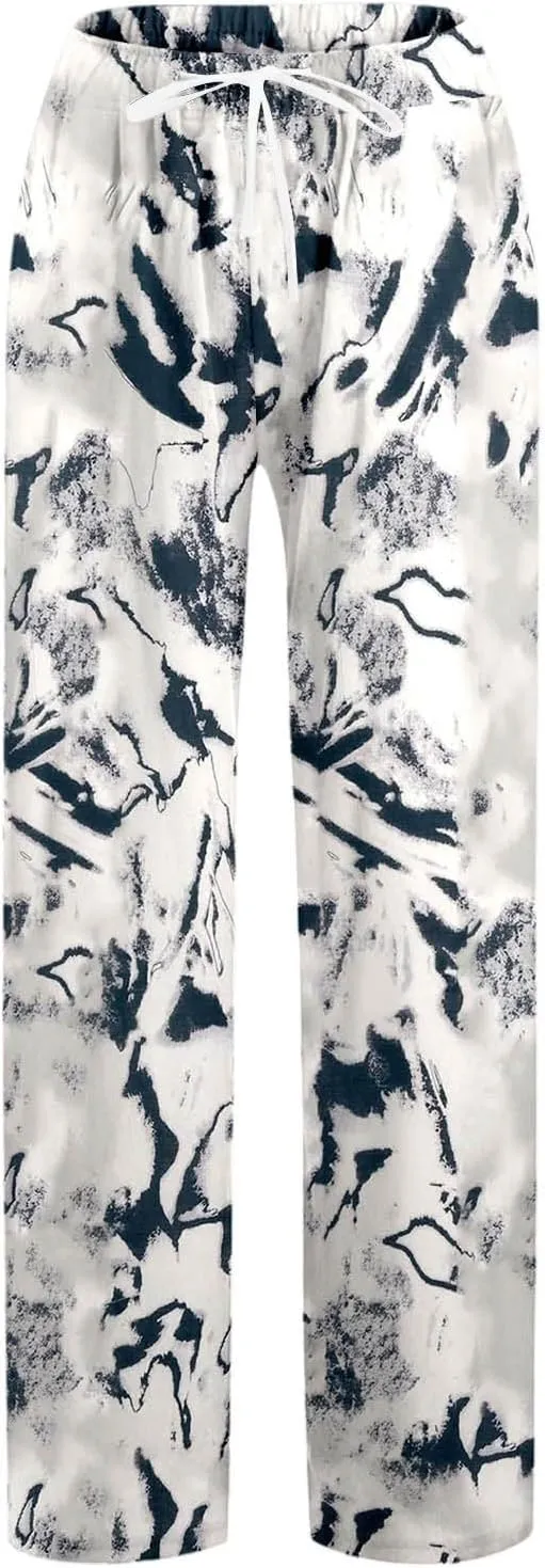 Wide Leg Linen Pants for Women Summer Boho Floral Print High Waisted Palazzo Pants Lounge Beach Trousers with Pockets