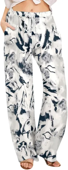 Wide Leg Linen Pants for Women Summer Boho Floral Print High Waisted Palazzo Pants Lounge Beach Trousers with Pockets