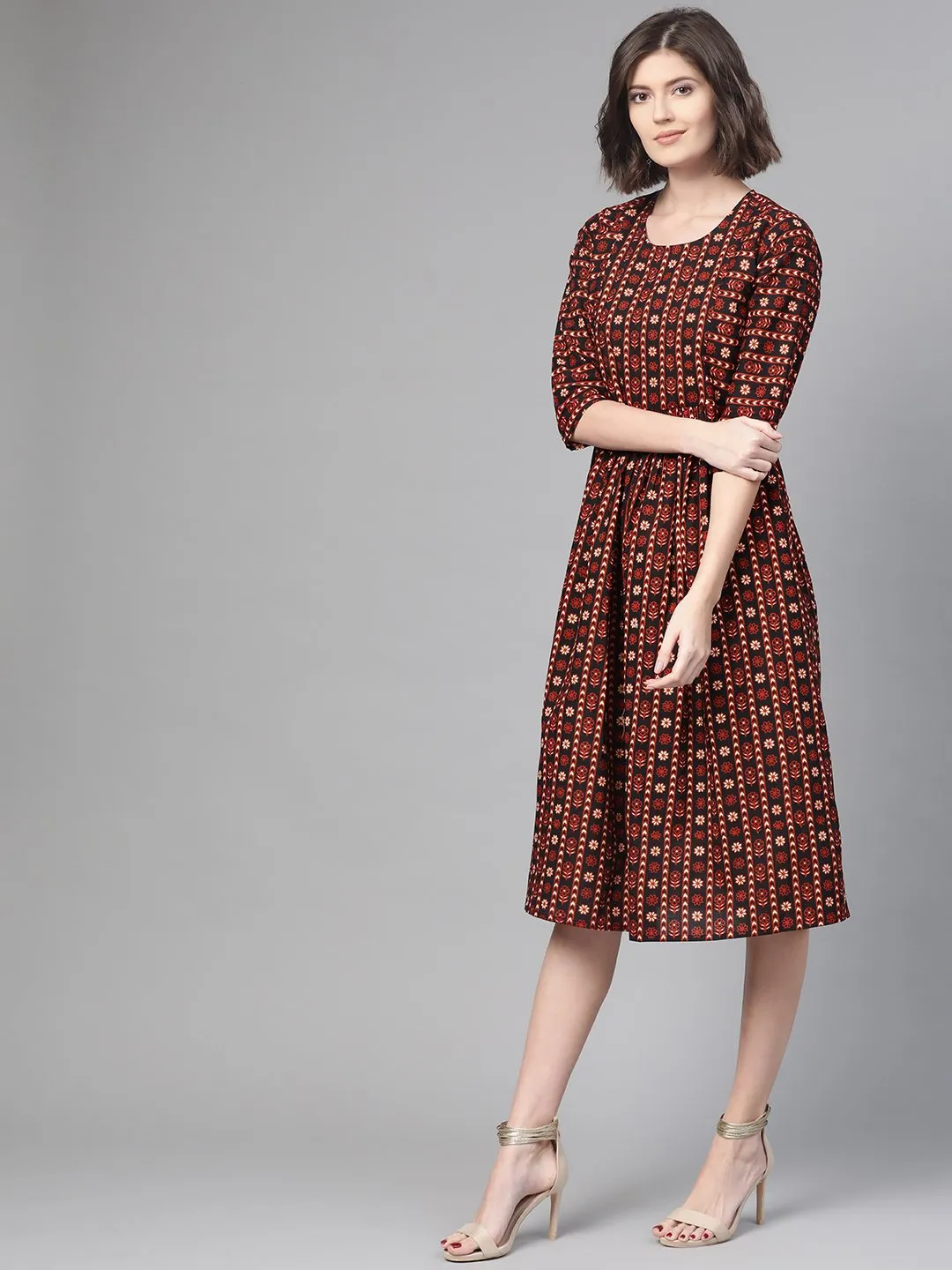 Women Black & Orange Floral Printed Fit And Flare Dress