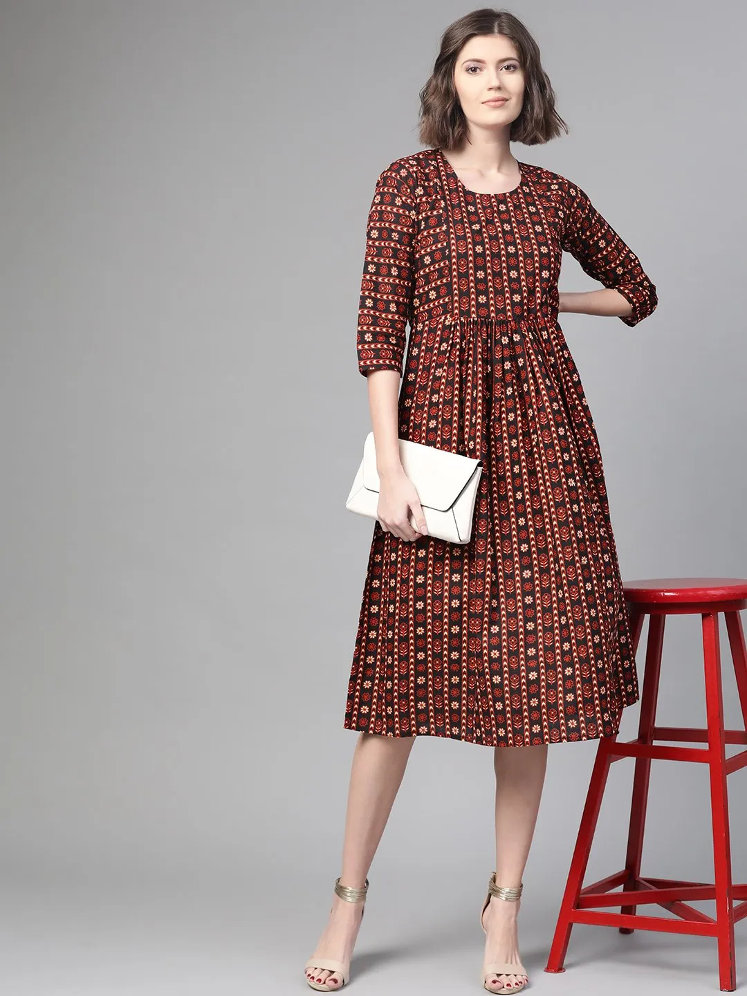 Women Black & Orange Floral Printed Fit And Flare Dress