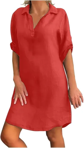 Women Shirt Dress Plus Size Rolled Sleeve Buttons V Neck T-Shirt Dresses Turn Down Collar Cotton Linen Short Dress