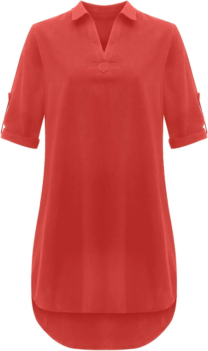 Women Shirt Dress Plus Size Rolled Sleeve Buttons V Neck T-Shirt Dresses Turn Down Collar Cotton Linen Short Dress