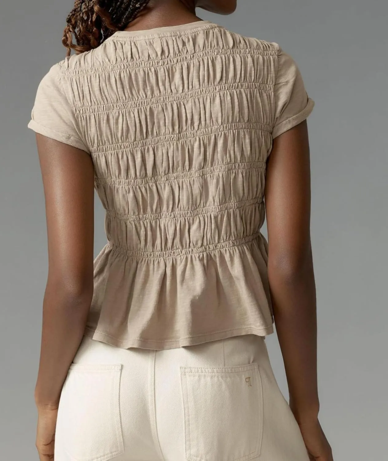 Women Smocked Peplum Top Round Neck Short Sleeve Solid Shirred Ruffle Hem Blouse Shirt Streetwear Summer 2025