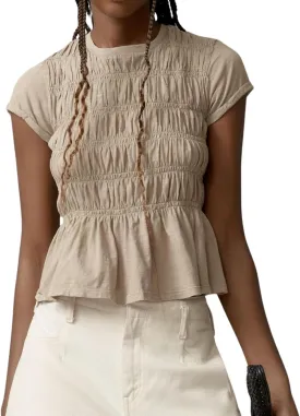 Women Smocked Peplum Top Round Neck Short Sleeve Solid Shirred Ruffle Hem Blouse Shirt Streetwear Summer 2025