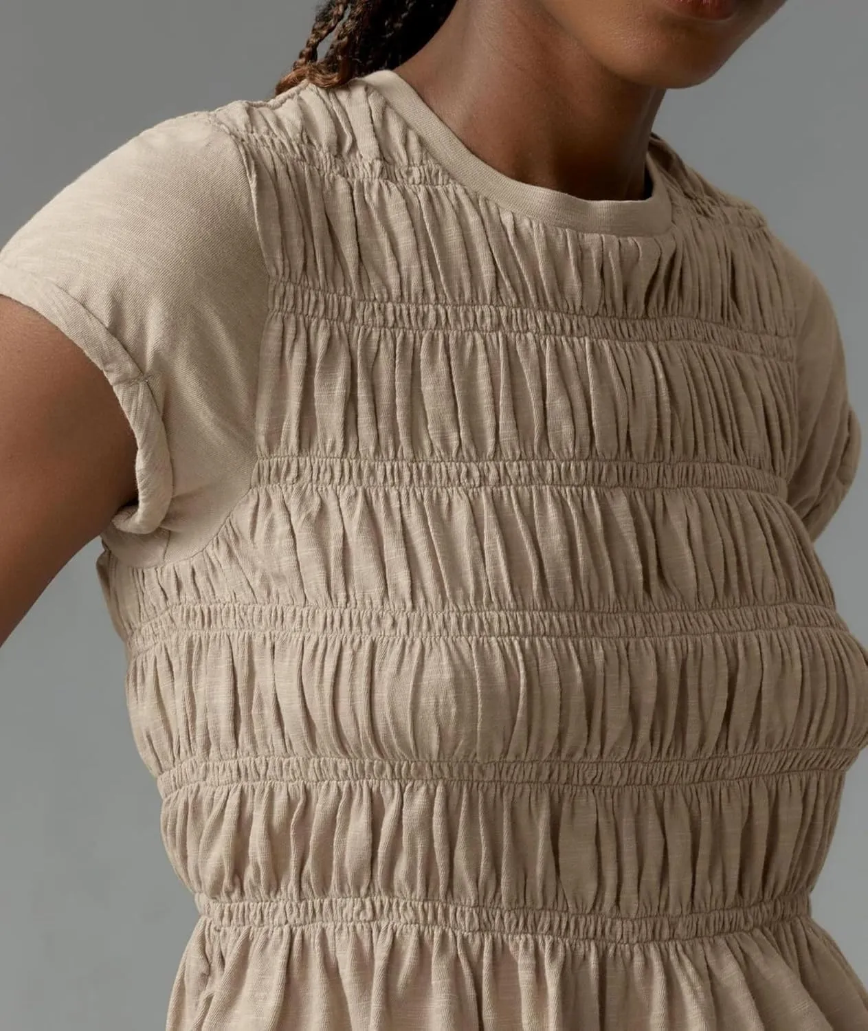 Women Smocked Peplum Top Round Neck Short Sleeve Solid Shirred Ruffle Hem Blouse Shirt Streetwear Summer 2025