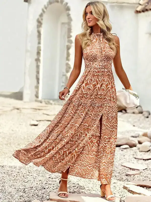 Women’s Bohemian Halter Neck Waist Design Pattern Casual Holiday Dress