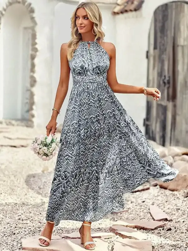 Women’s Bohemian Halter Neck Waist Design Pattern Casual Holiday Dress