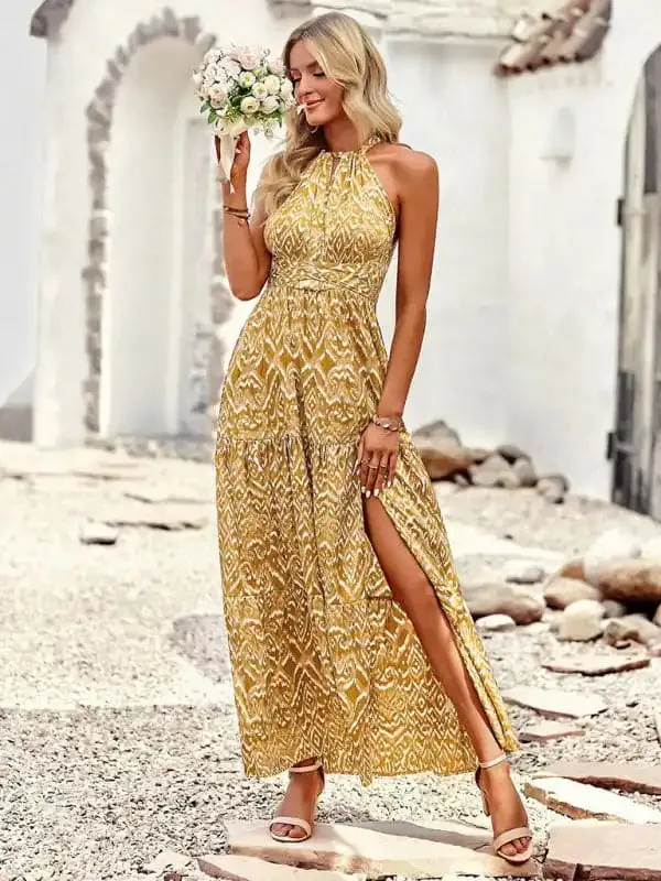 Women’s Bohemian Halter Neck Waist Design Pattern Casual Holiday Dress