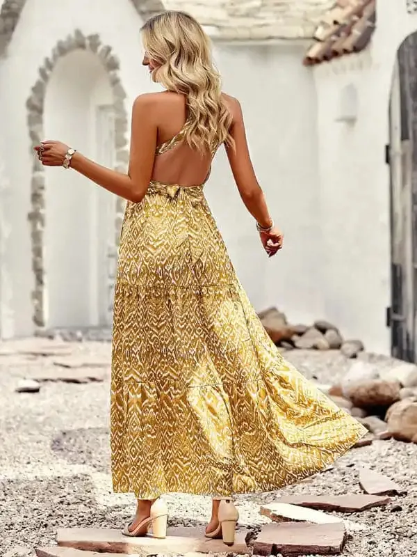 Women’s Bohemian Halter Neck Waist Design Pattern Casual Holiday Dress