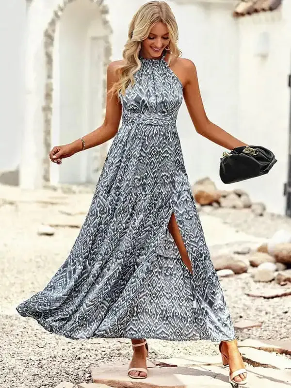 Women’s Bohemian Halter Neck Waist Design Pattern Casual Holiday Dress