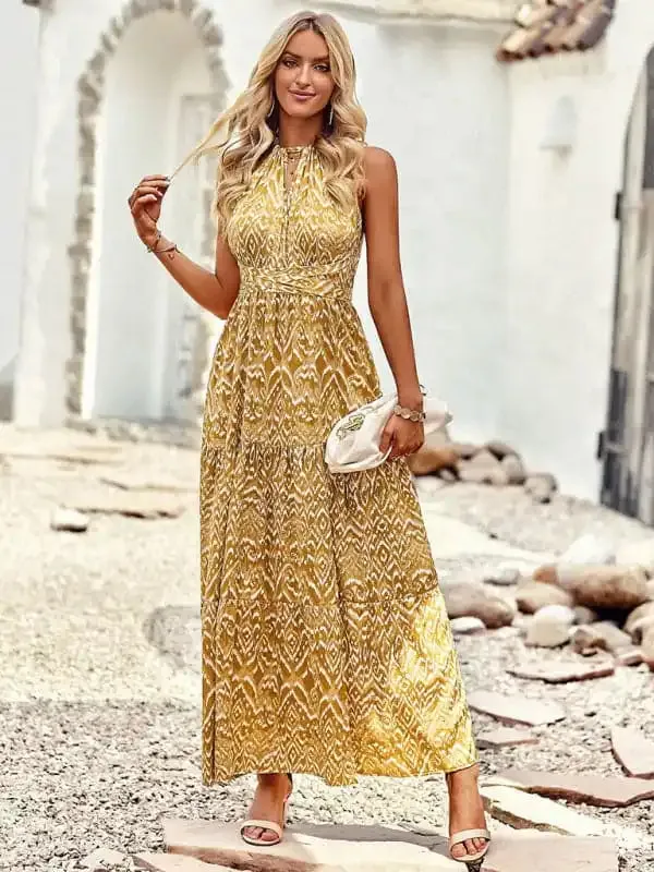 Women’s Bohemian Halter Neck Waist Design Pattern Casual Holiday Dress