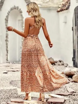 Women’s Bohemian Halter Neck Waist Design Pattern Casual Holiday Dress