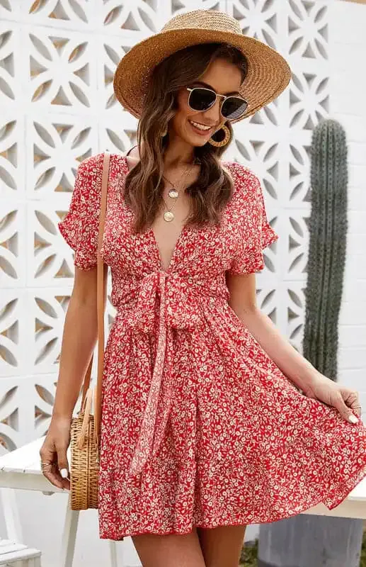 Women’s Floral Print Tie Front Short Sleeve Mini Dress