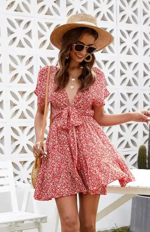 Women’s Floral Print Tie Front Short Sleeve Mini Dress