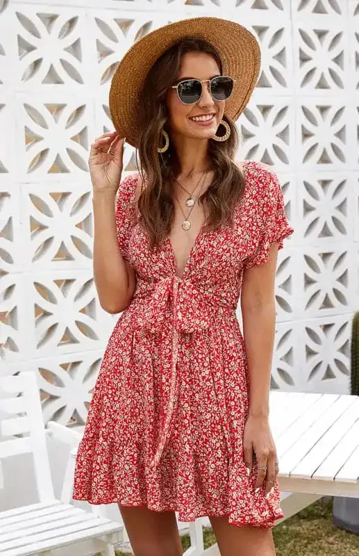 Women’s Floral Print Tie Front Short Sleeve Mini Dress
