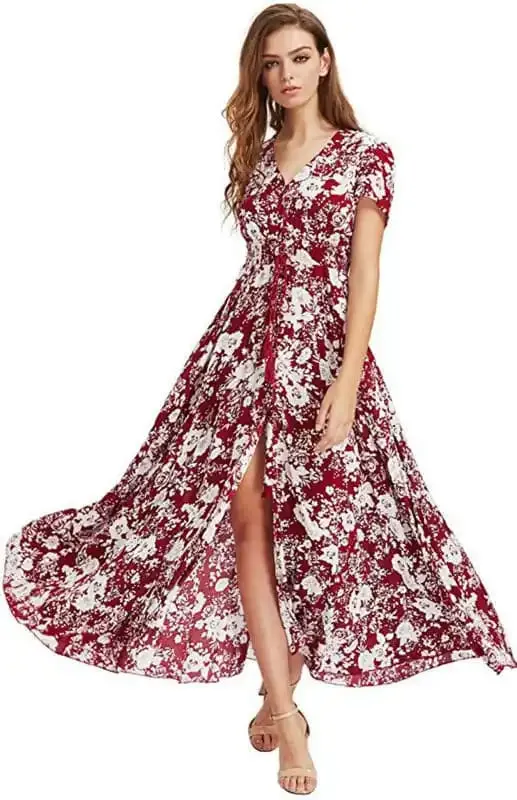 Women’s Floral Print V-Neck Split Maxi Dress