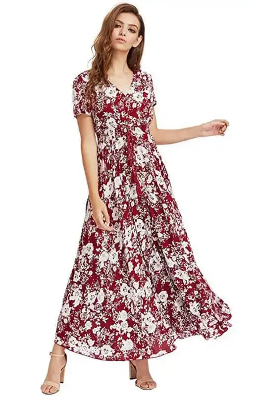 Women’s Floral Print V-Neck Split Maxi Dress