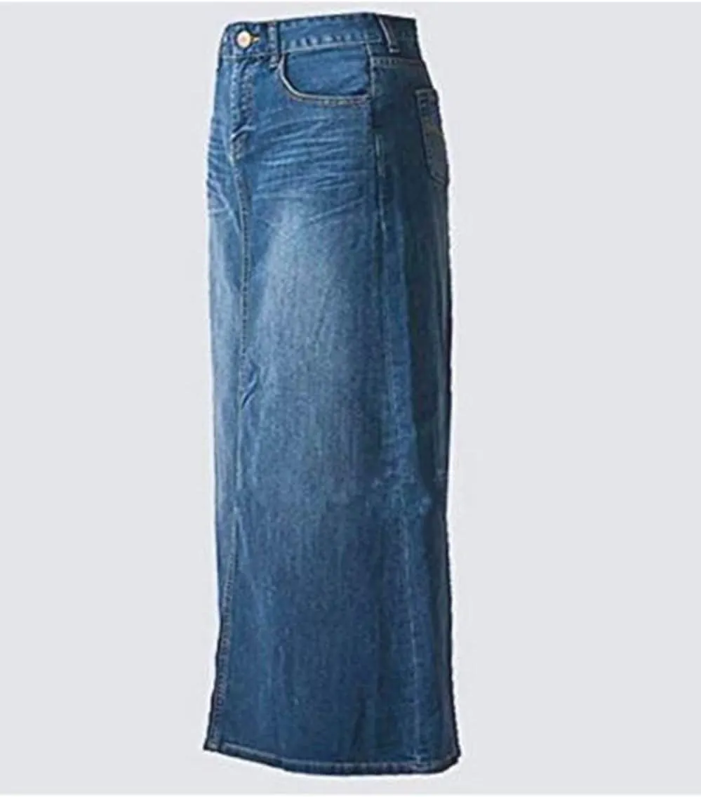 Women's Maxi Pencil Jean Skirt- High Waisted A-Line Long Denim Skirts for Ladies- Blue Jean Skirt