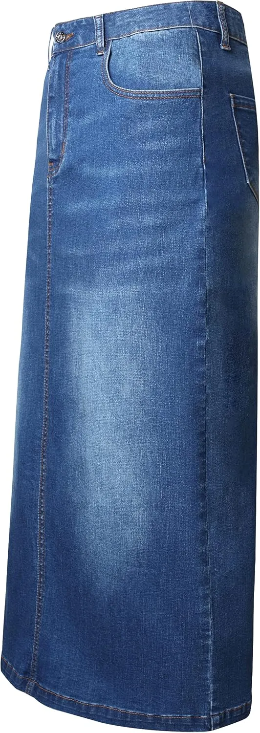 Women's Maxi Pencil Jean Skirt- High Waisted A-Line Long Denim Skirts for Ladies- Blue Jean Skirt