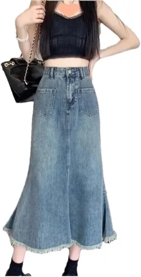 Women's Retro Frayed Hem Denim Mini Skirt Winter A- Line Fish Tail Long Skirt