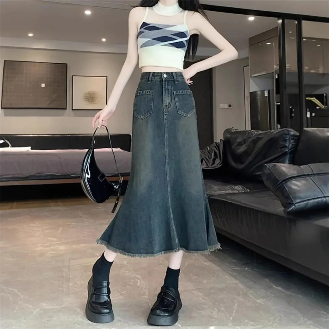 Women's Retro Frayed Hem Denim Mini Skirt Winter A- Line Fish Tail Long Skirt