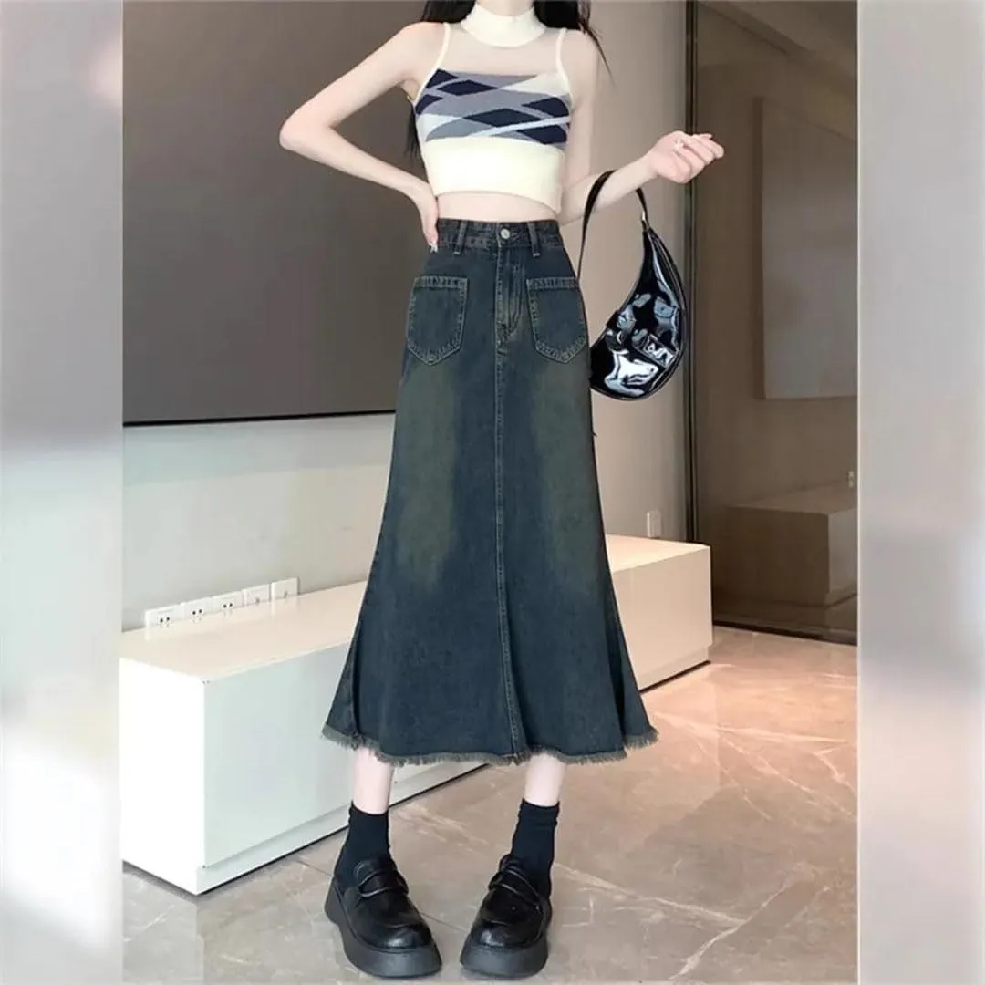 Women's Retro Frayed Hem Denim Mini Skirt Winter A- Line Fish Tail Long Skirt