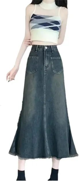 Women's Retro Frayed Hem Denim Mini Skirt Winter A- Line Fish Tail Long Skirt