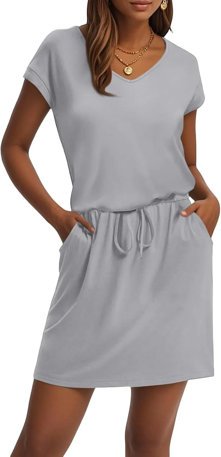 Womens Summer Dresses V Neck Short Sleeve Tshirt Dress Drawstring Cinched Waist Mini Dress A Line Casual Dresses 2025