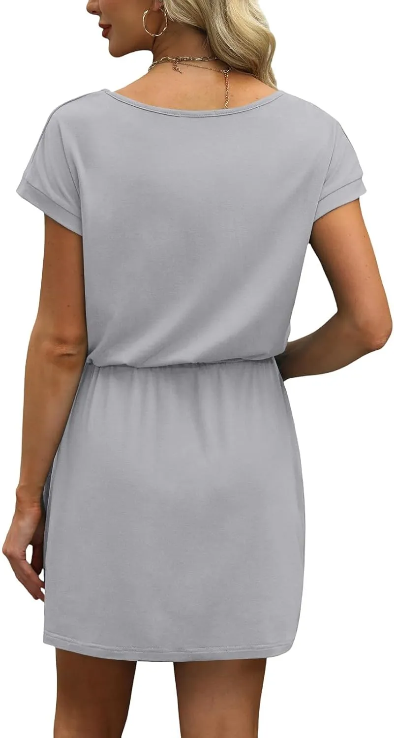 Womens Summer Dresses V Neck Short Sleeve Tshirt Dress Drawstring Cinched Waist Mini Dress A Line Casual Dresses 2025
