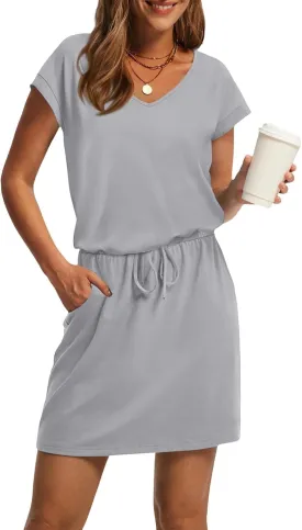 Womens Summer Dresses V Neck Short Sleeve Tshirt Dress Drawstring Cinched Waist Mini Dress A Line Casual Dresses 2025