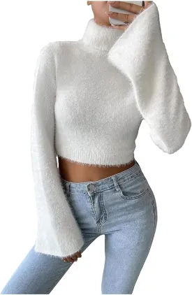 Women's Turtleneck Flounce Long Sleeve Fuzzy Knit Pullover Sweater Crop Top Creamy White