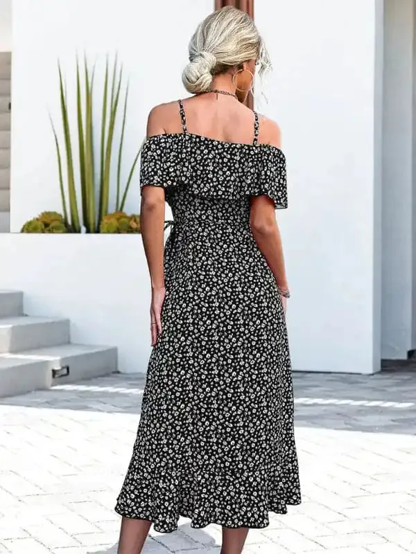Women’s woven one-shoulder floral sling irregular mid-length dress
