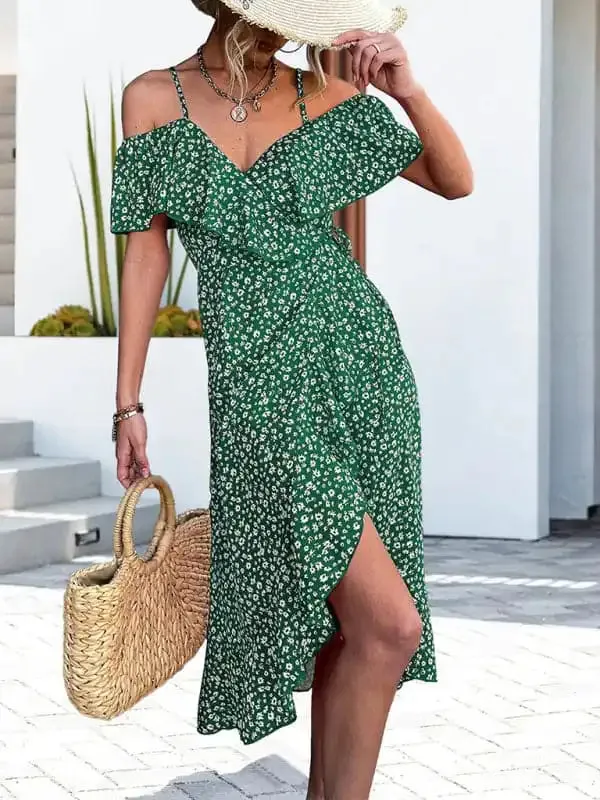 Women’s woven one-shoulder floral sling irregular mid-length dress