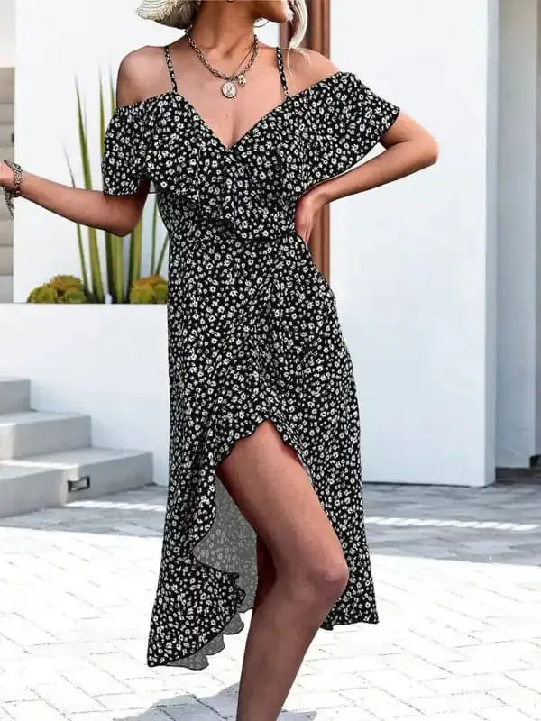 Women’s woven one-shoulder floral sling irregular mid-length dress