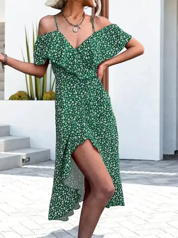 Women’s woven one-shoulder floral sling irregular mid-length dress
